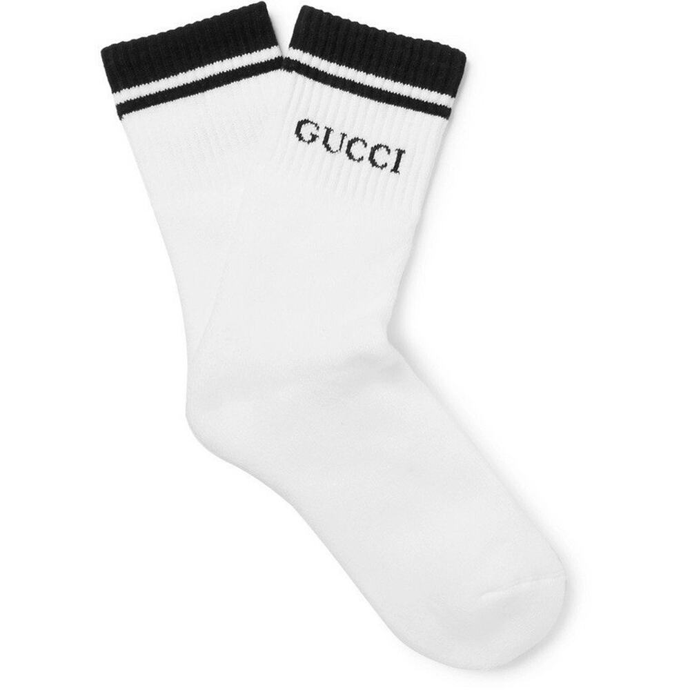 NWT Authentic Gucci White Black Intarsia Logo Cotton Crew Socks L/ 12/ 26-28cm